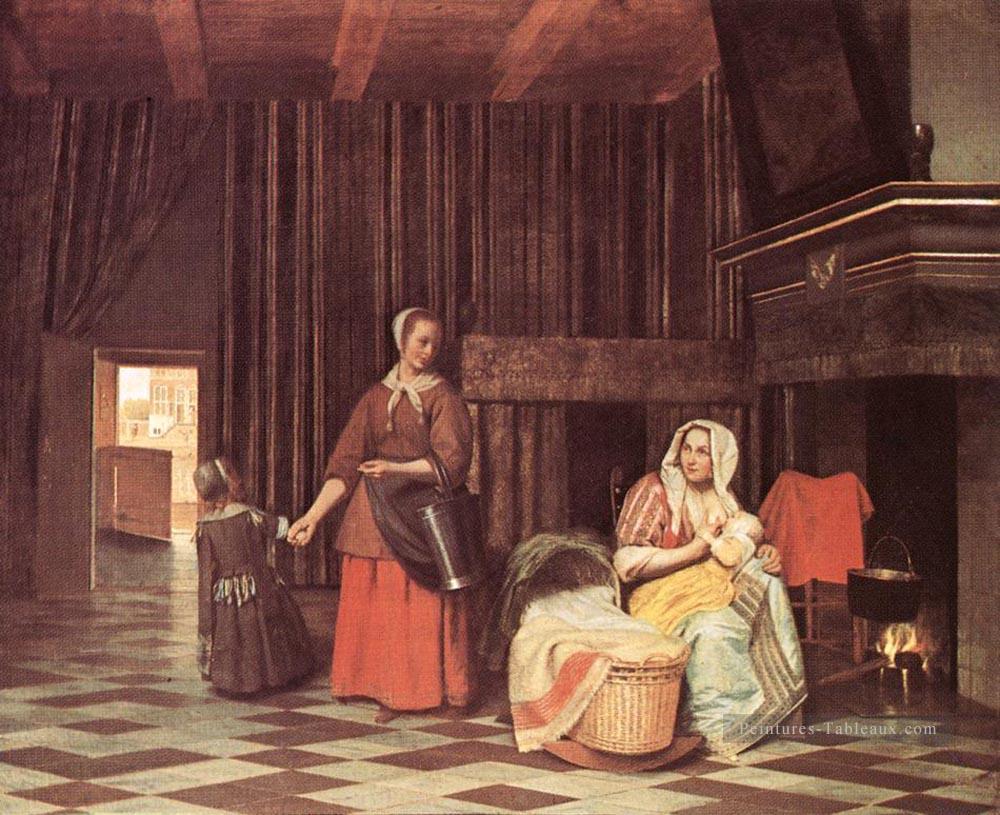 Genre de la mère et de la fille qui allaitent Pieter de Hooch Peintures à l'huile